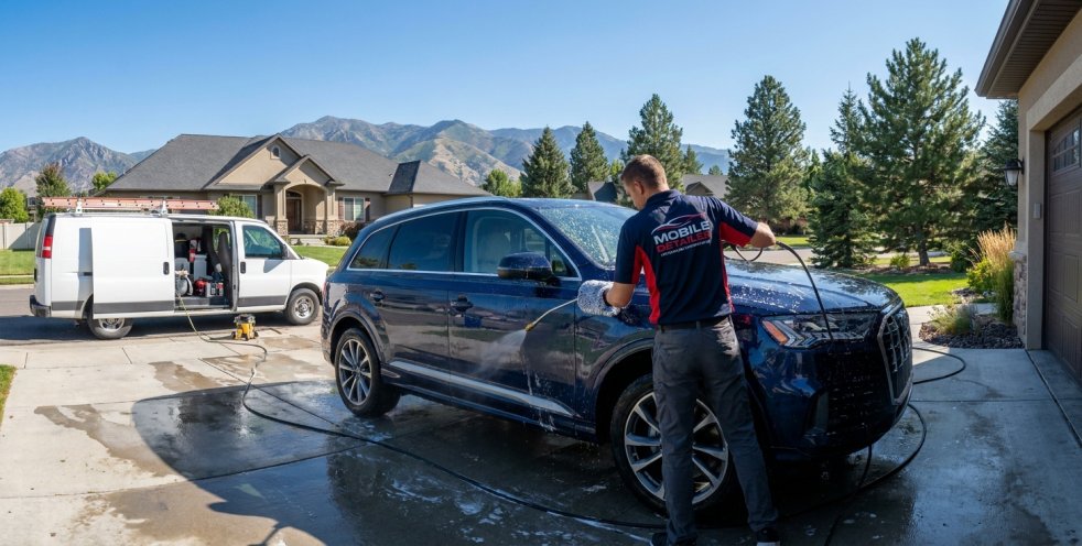 Mobile detailer washing an SUV in a home driveway with a service van nearby